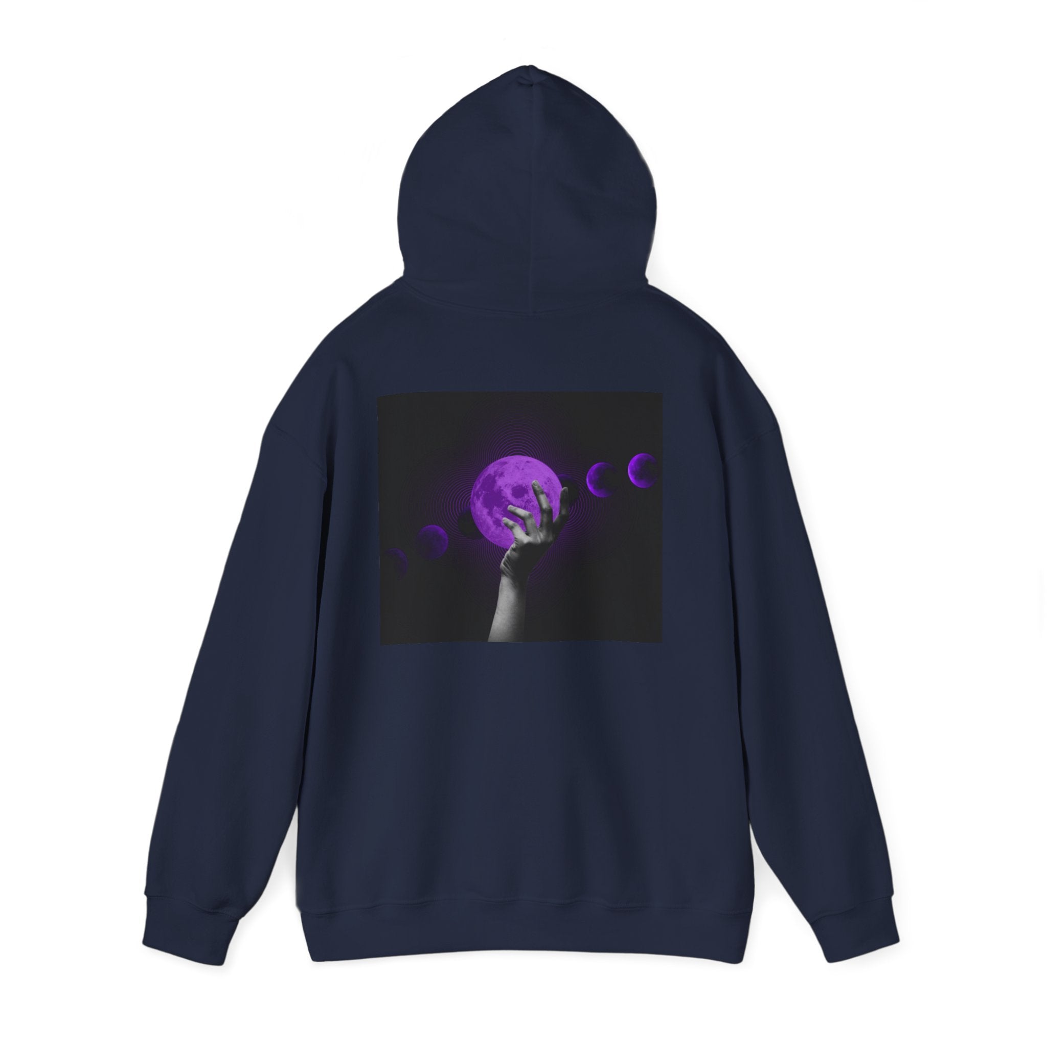 Moon Phases Hoodie — Purple Lunar Hand Graphic Pullover