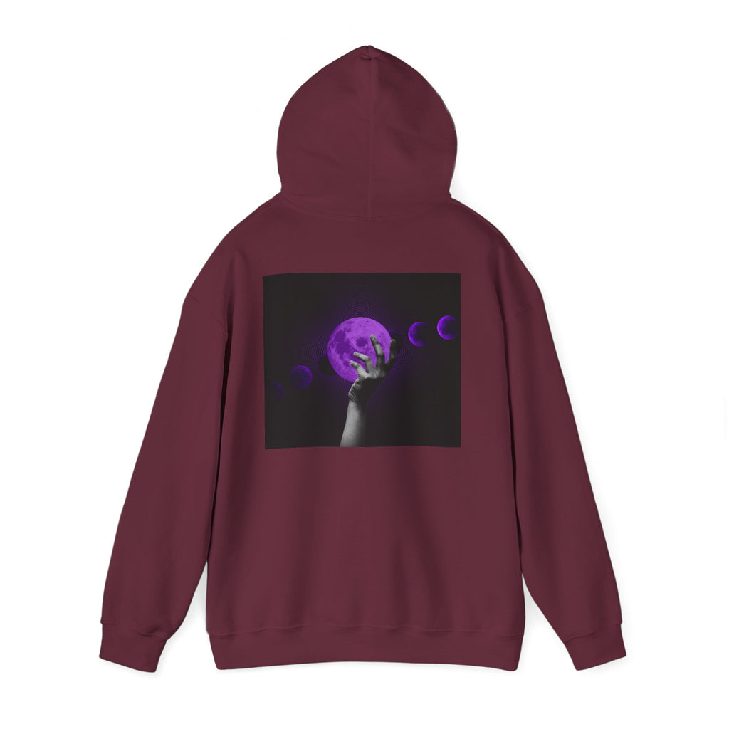 Moon Phases Hoodie — Purple Lunar Hand Graphic Pullover