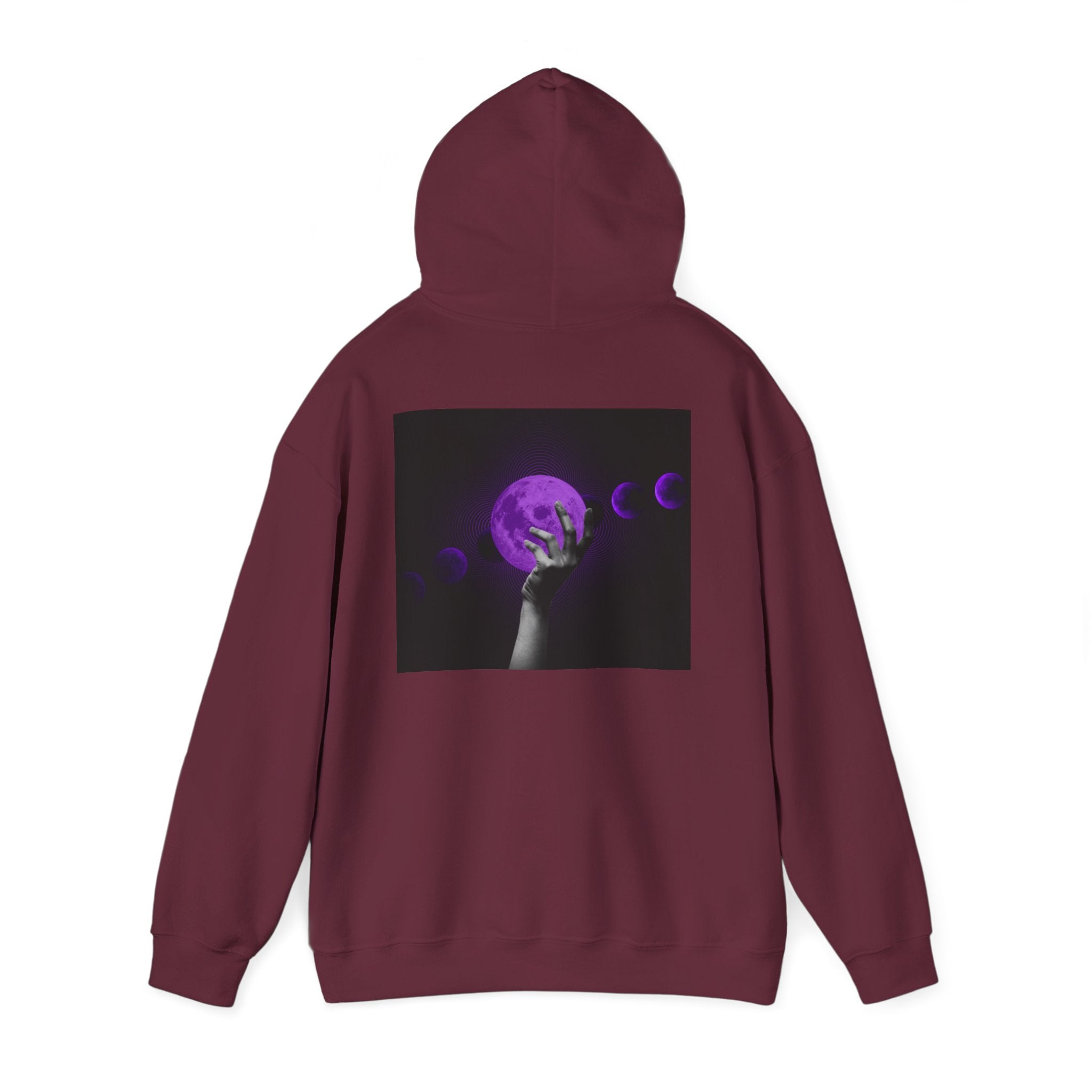 Moon Phases Hoodie — Purple Lunar Hand Graphic Pullover