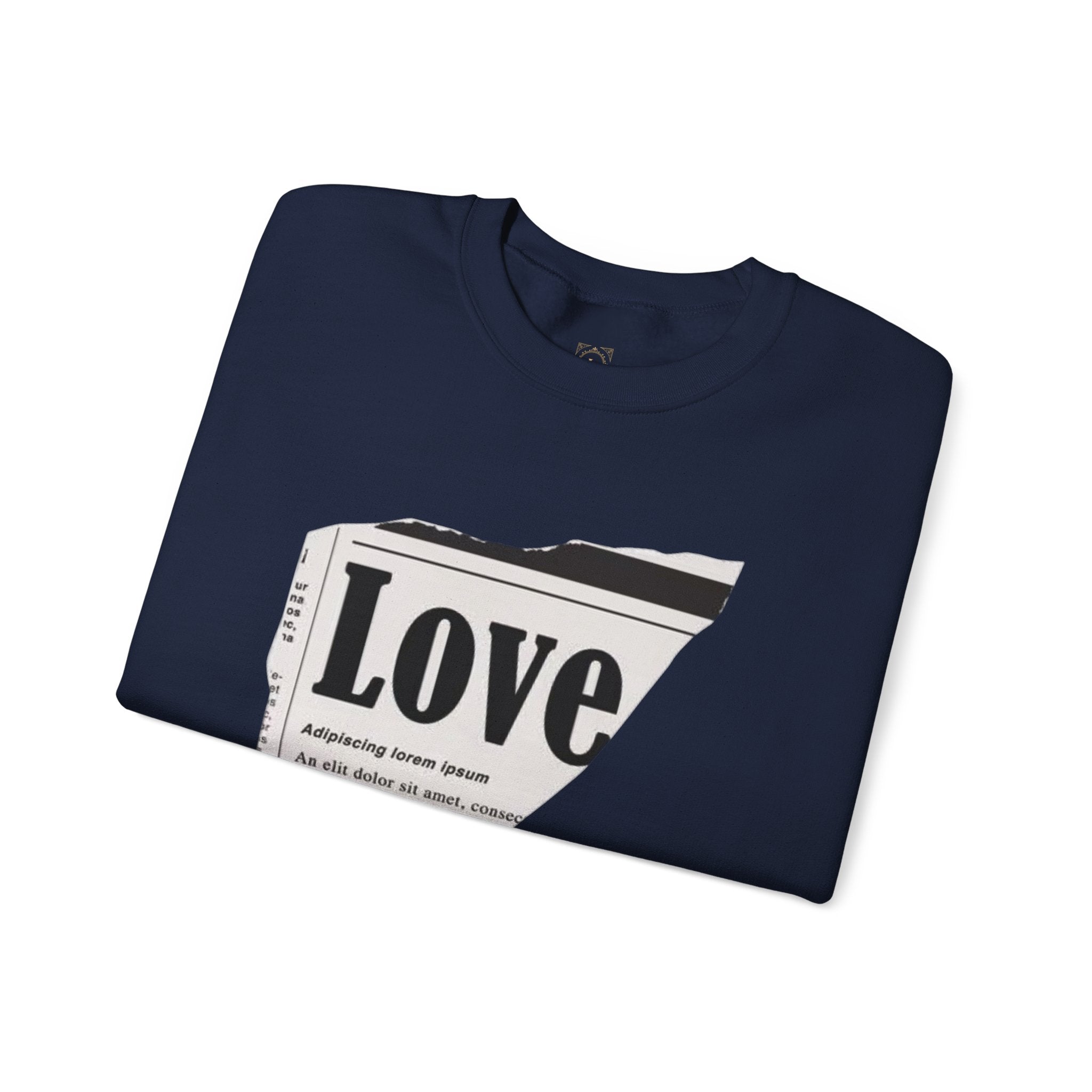 Crewneck Sweatshirt — 'Love' Newspaper Graphic with 'Oh Wait,' Text