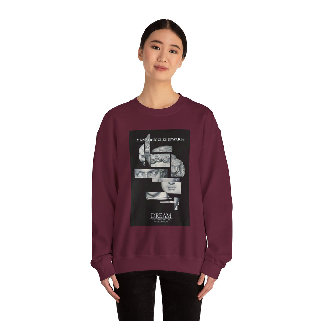 Dream Fragment Crewneck Sweatshirt — 'Man Struggles Upwards' Statue Collage
