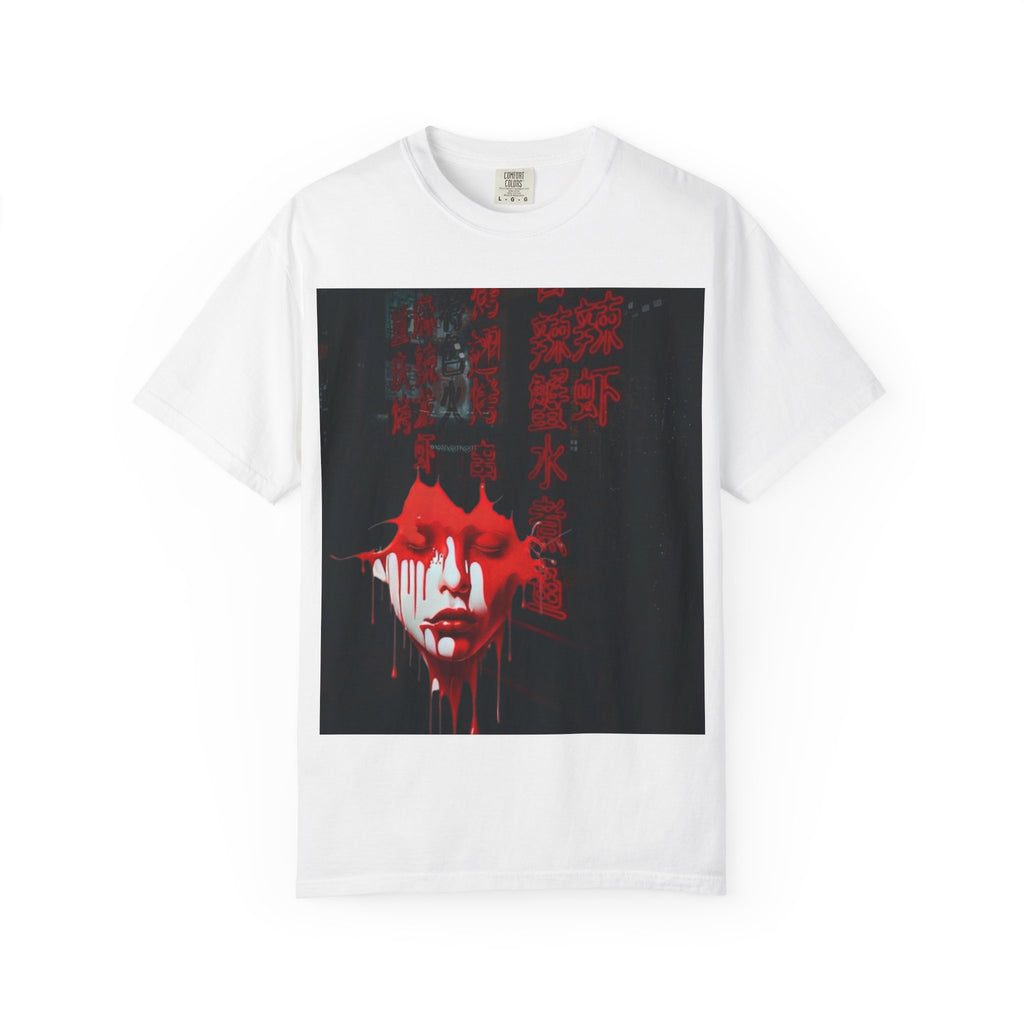 Horror Portrait Tee — Dripping Red Face with Japanese Script Graphic