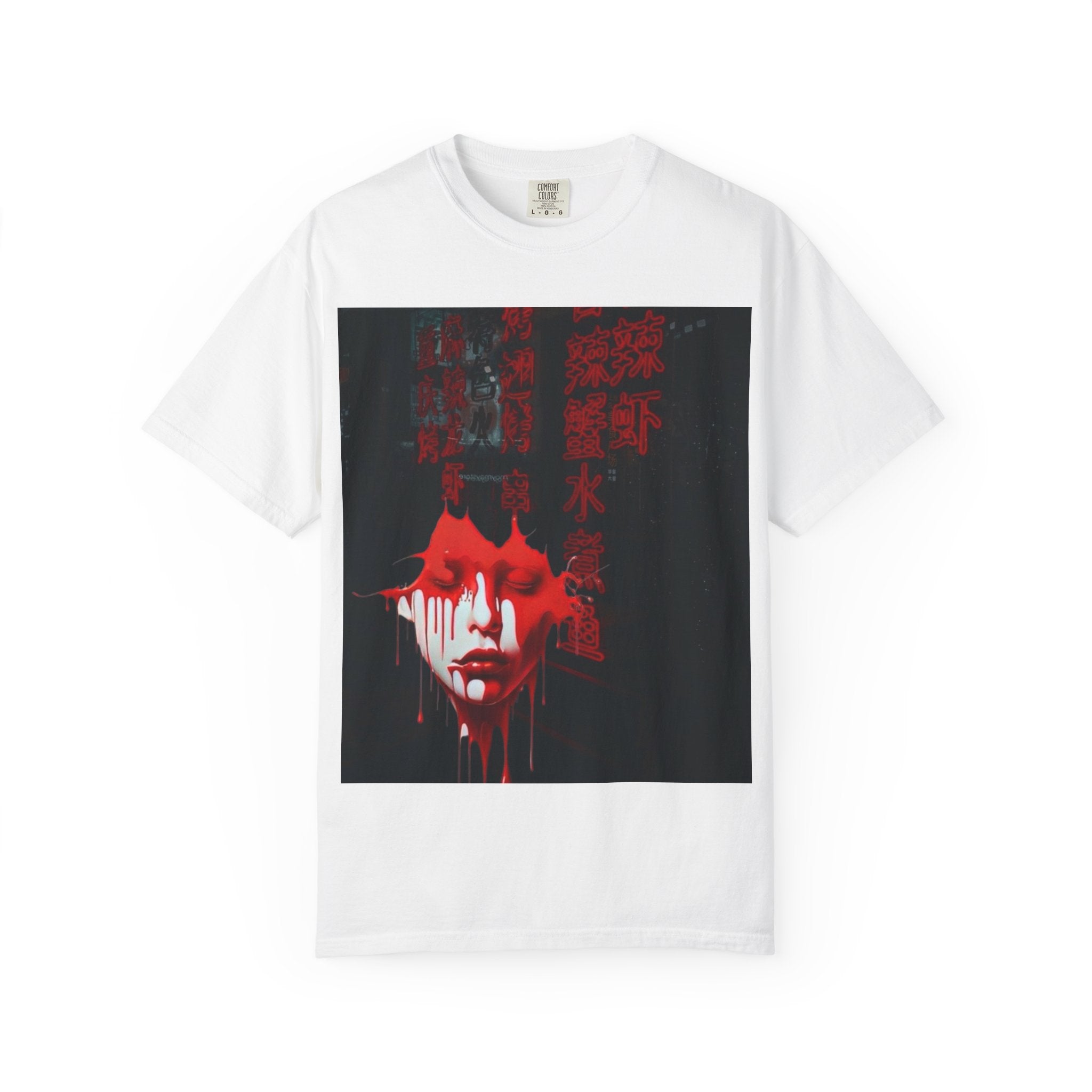 Horror Portrait Tee — Dripping Red Face with Japanese Script Graphic