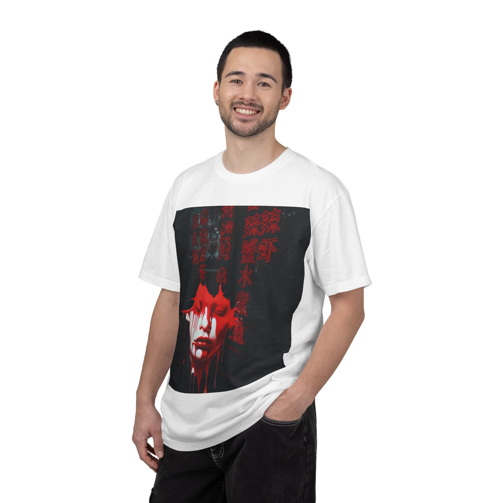 Horror Portrait Tee — Dripping Red Face with Japanese Script Graphic
