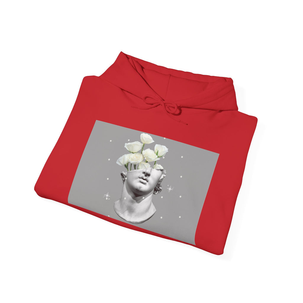 Statue Bloom Hoodie — Classical Bust with White Flowers Graphic Hoodie
