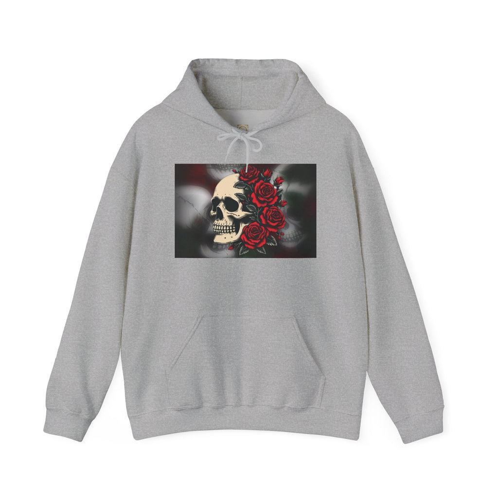 Skull with Red Roses Hoodie — Gothic Floral Skull Sweatshirt