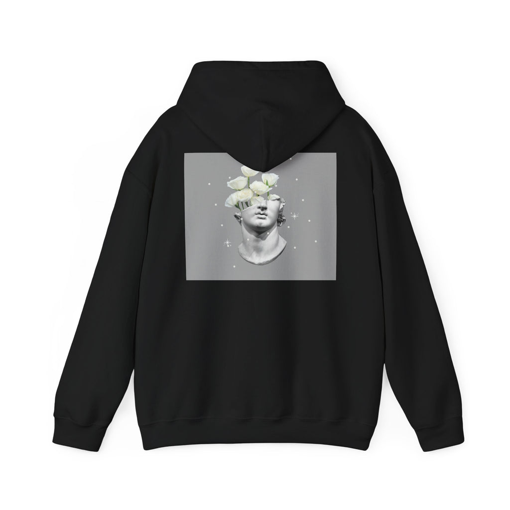 Statue Bloom Hoodie — Classical Bust with White Flowers Graphic Hoodie
