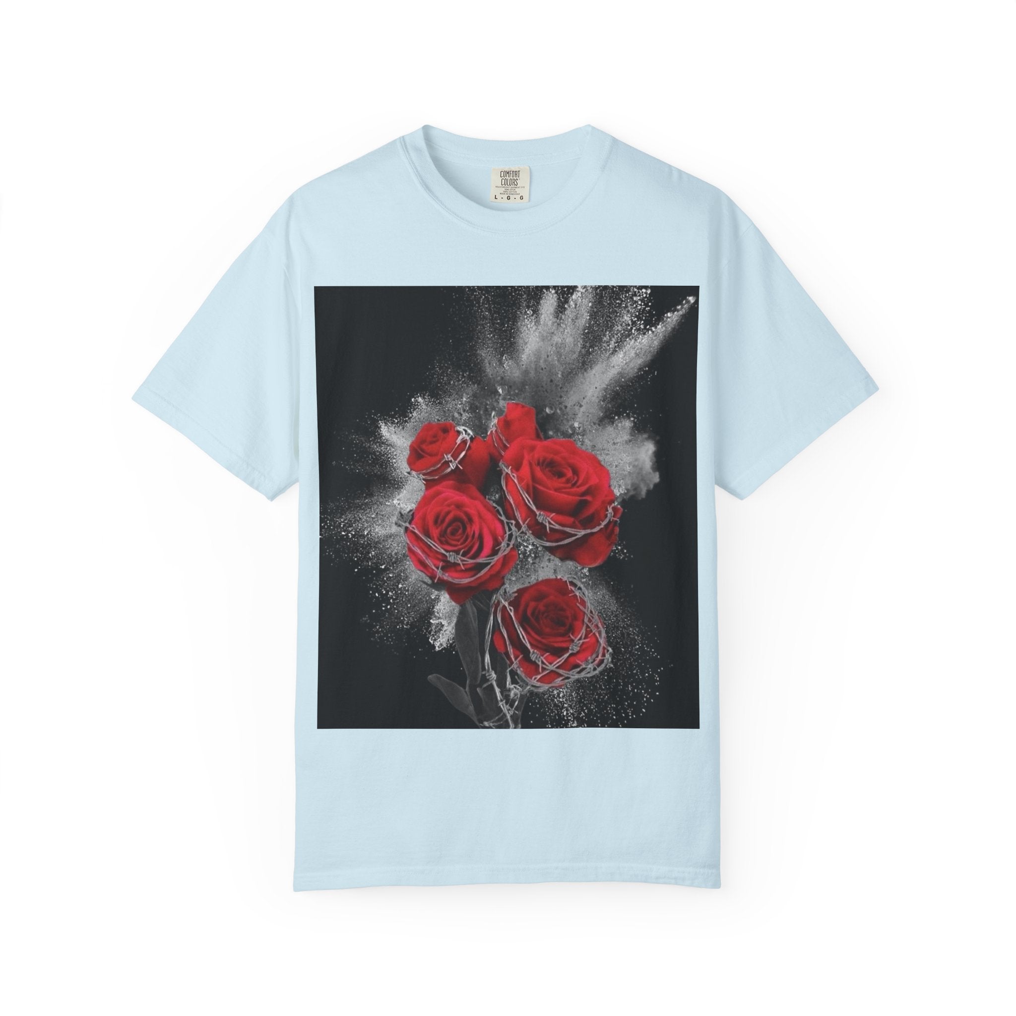 Rose Burst T-Shirt — Red Roses Graphic Tee with 'LEGACIESS' Back Logo