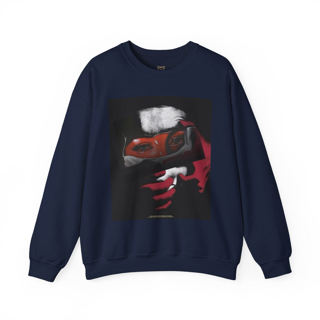 Masked Red Eyes Crewneck Sweatshirt — Graphic Streetwear with 'Legaciess' Back Logo