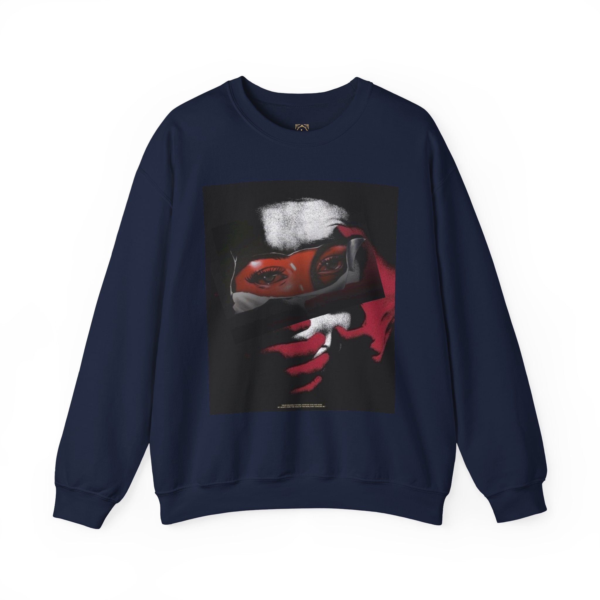 Masked Red Eyes Crewneck Sweatshirt — Graphic Streetwear with 'Legaciess' Back Logo