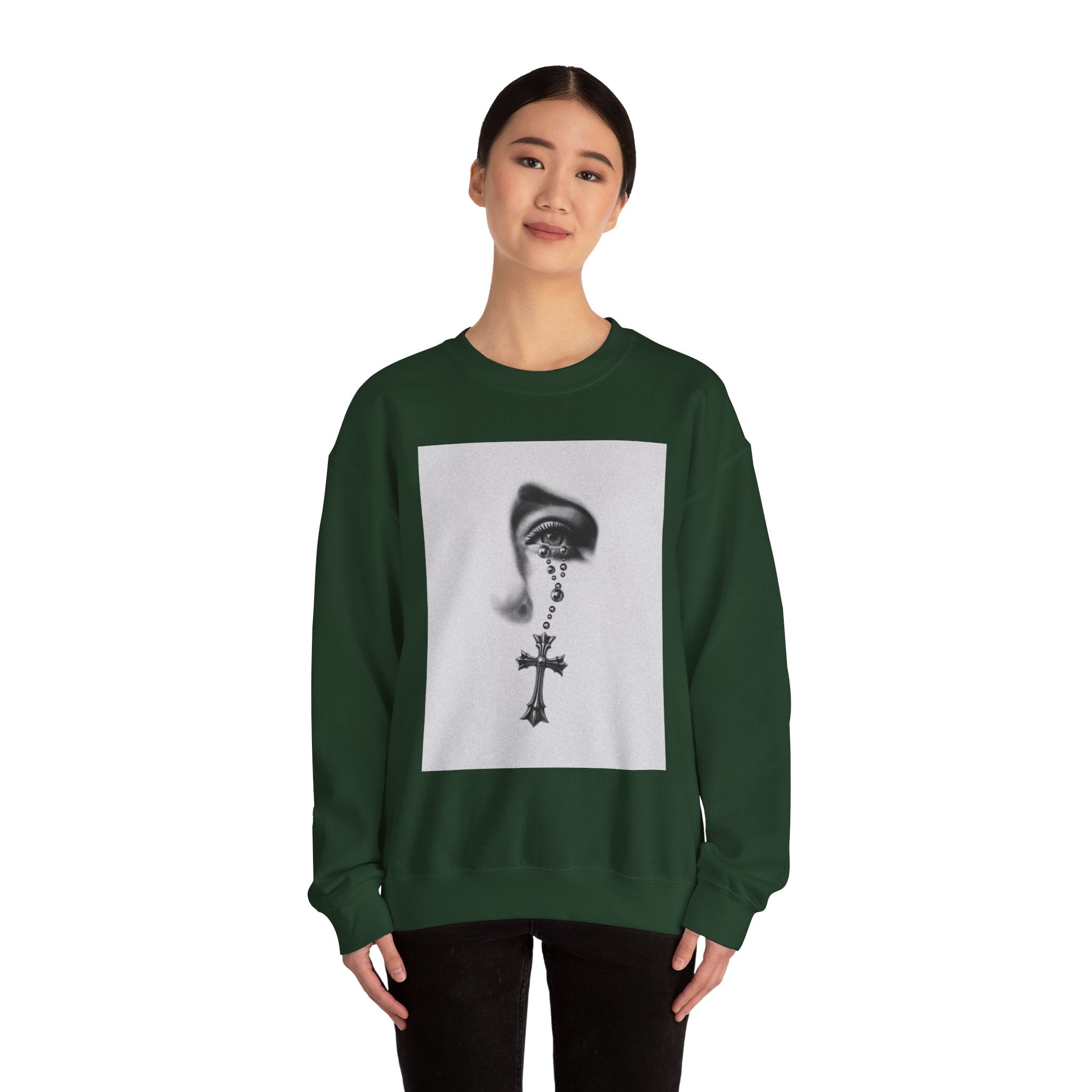 Rosary Tear Crewneck Sweatshirt — Gothic Eye & Cross Graphic