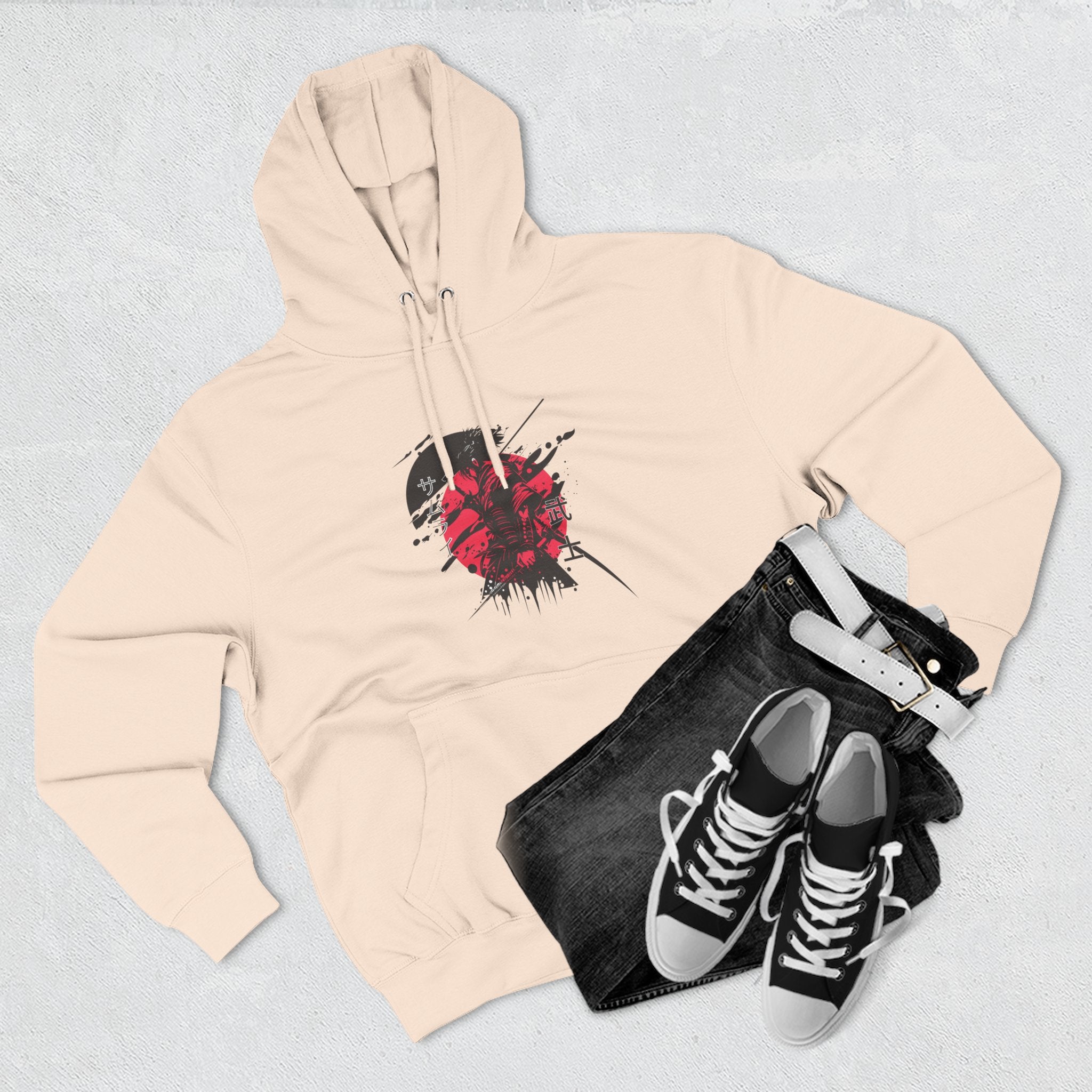 Grunge Rising Hoodie — Red Sun Graphic Fleece Hoodie