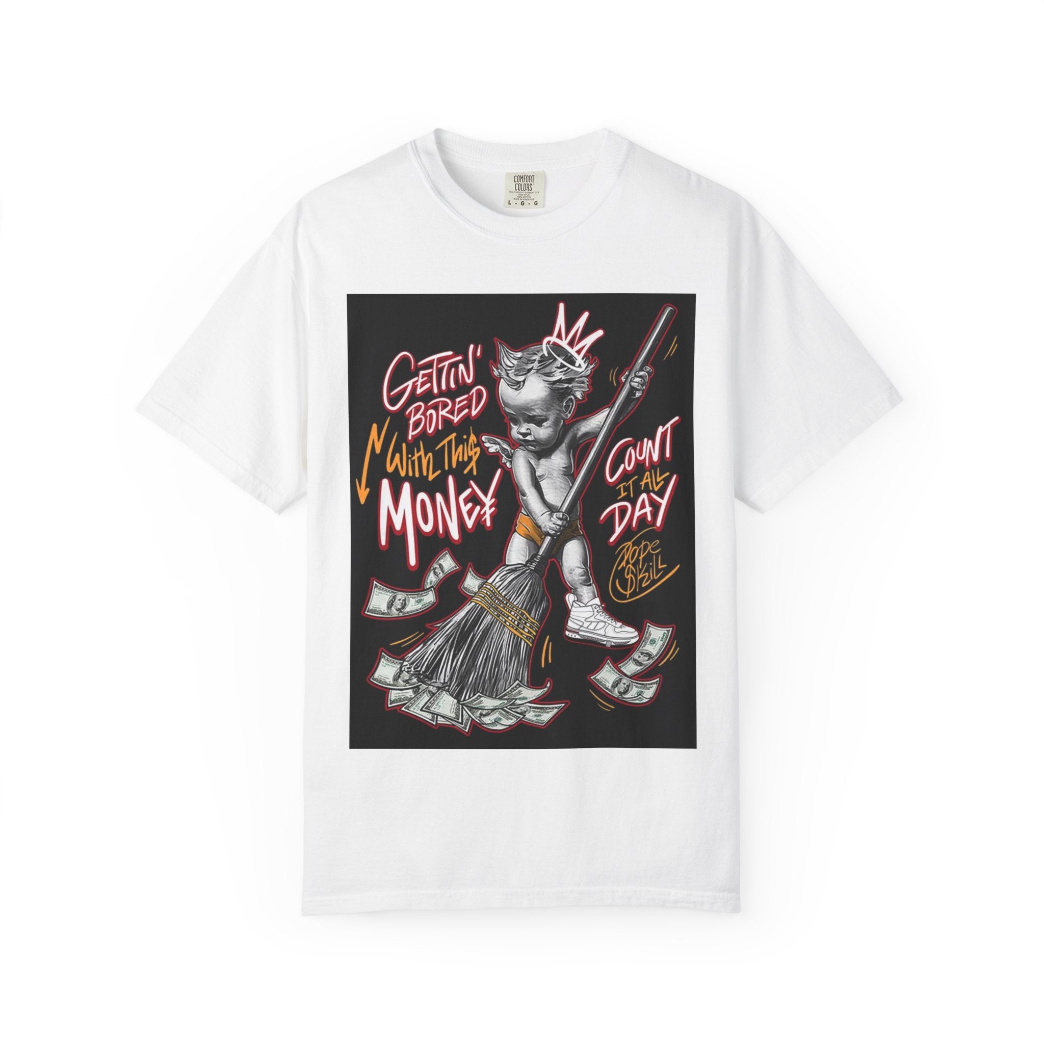 Cat Broomstick Money Tee — "Gettin' Bored With This Money" Graphic T-Shirt