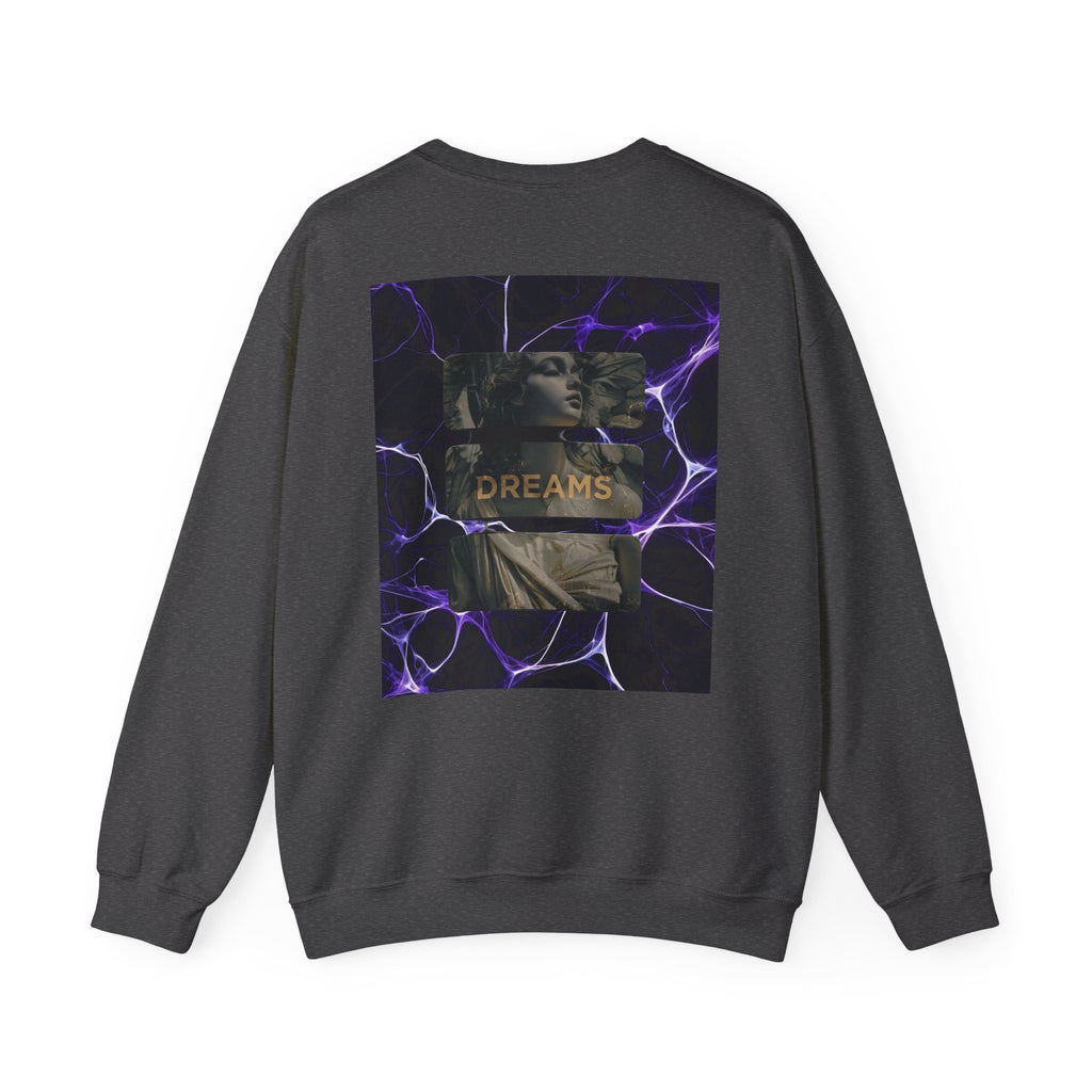 Dreams Statue Crewneck Sweatshirt — Retro Statue Graphic with Purple Lightning