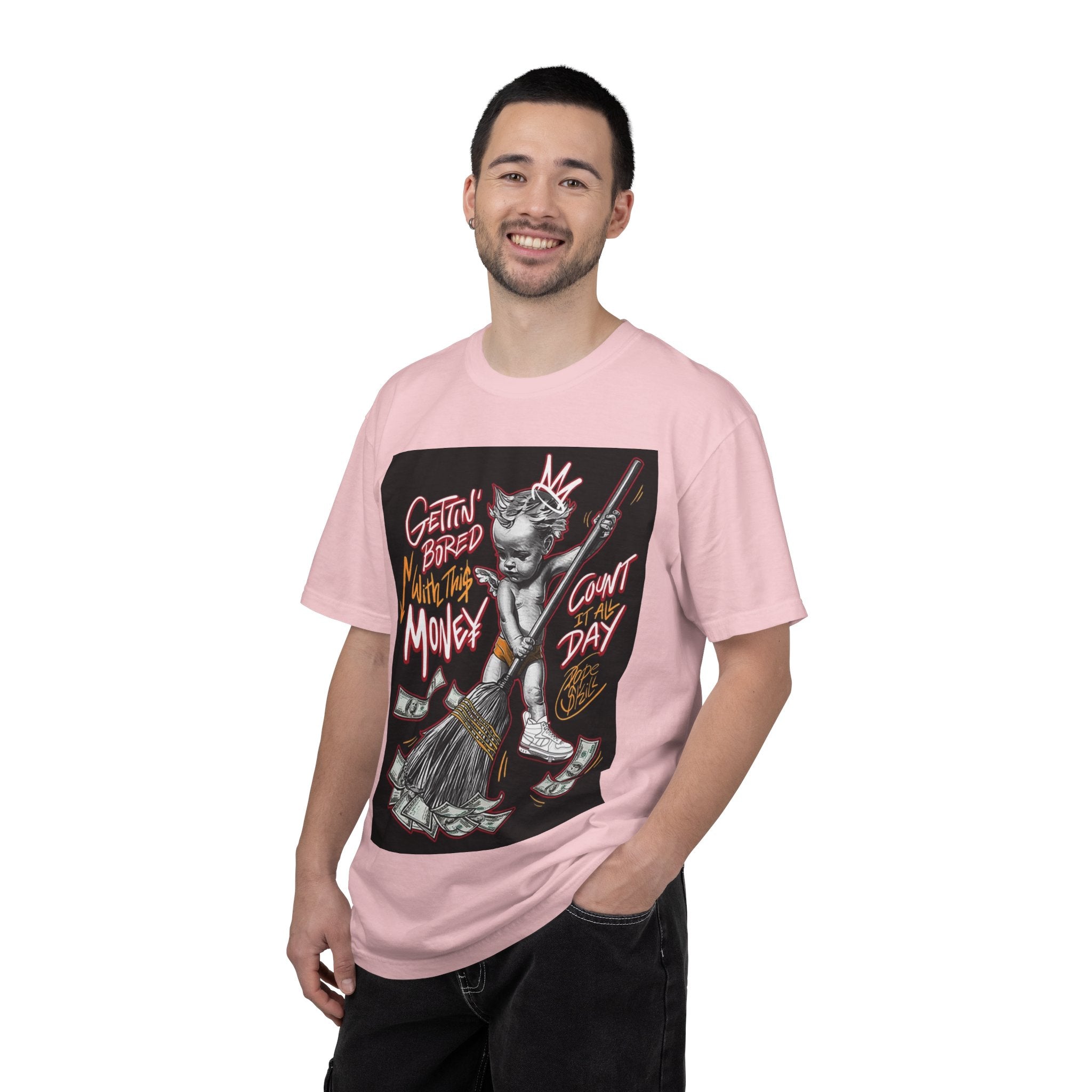 Cat Broomstick Money Tee — "Gettin' Bored With This Money" Graphic T-Shirt