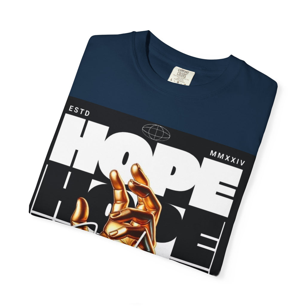 Hope Vibe Graphic T-Shirt — 'Hope for Better Days Ahead' Chest Print with Gold Hand & Back 'Legaciess' Logo