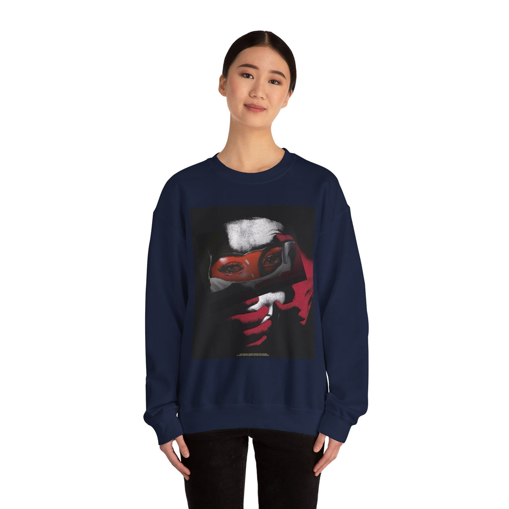 Masked Red Eyes Crewneck Sweatshirt — Graphic Streetwear with 'Legaciess' Back Logo