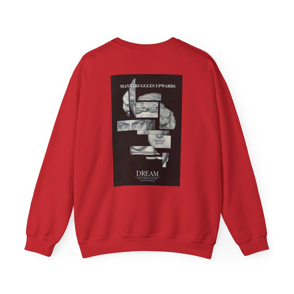 Dream Fragment Crewneck Sweatshirt — 'Man Struggles Upwards' Statue Collage