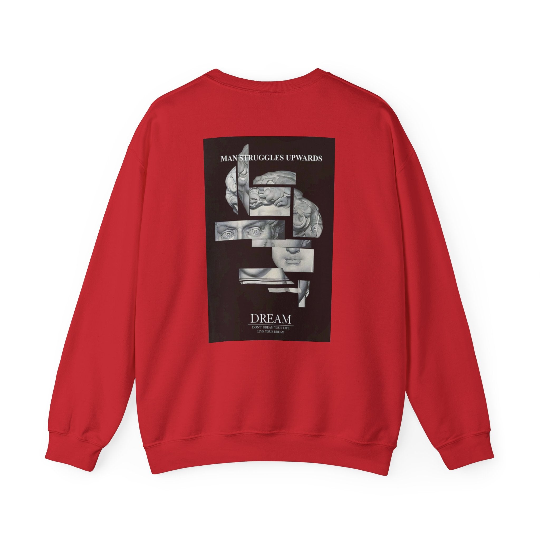 Dream Fragment Crewneck Sweatshirt — 'Man Struggles Upwards' Statue Collage