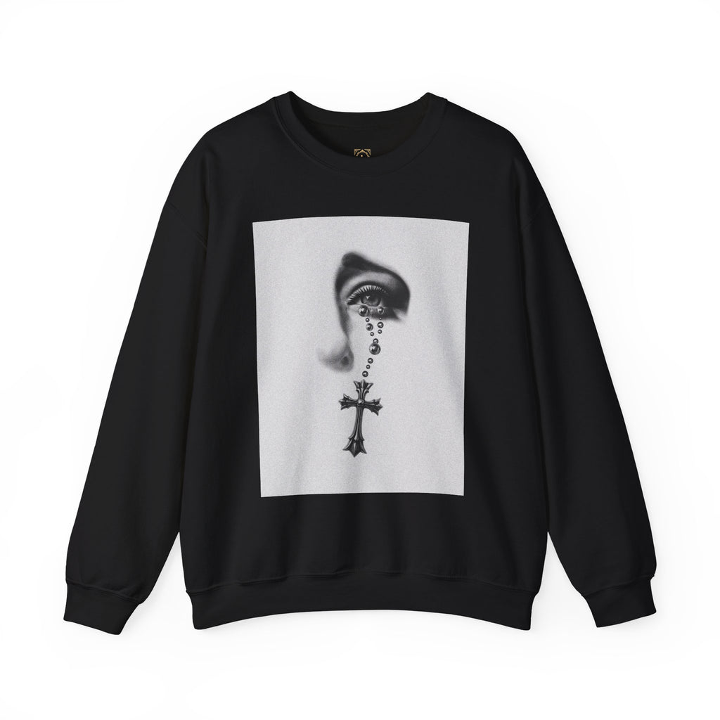 Rosary Tear Crewneck Sweatshirt — Gothic Eye & Cross Graphic