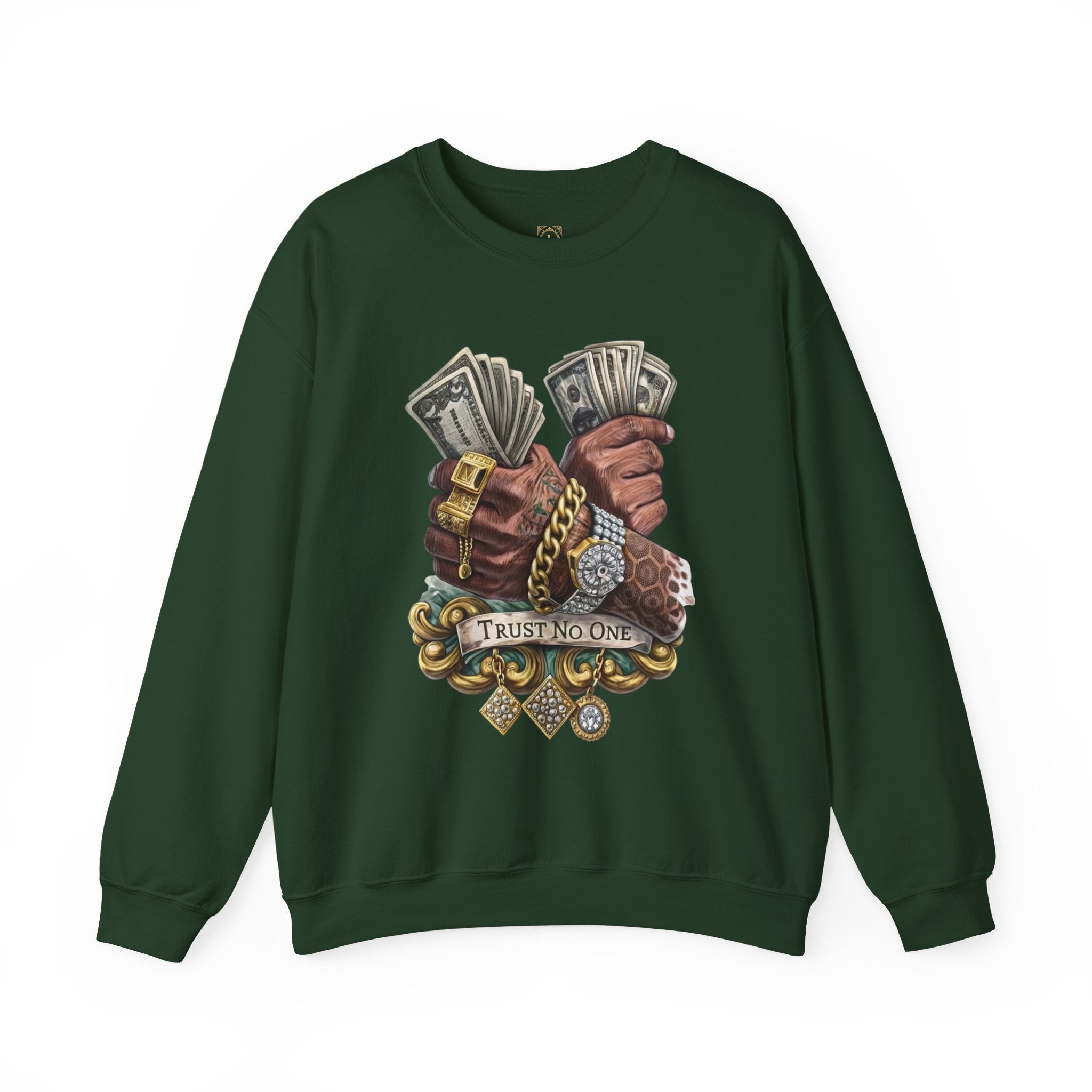Crewneck Sweatshirt — 'Trust No One' Money Hands Graphic