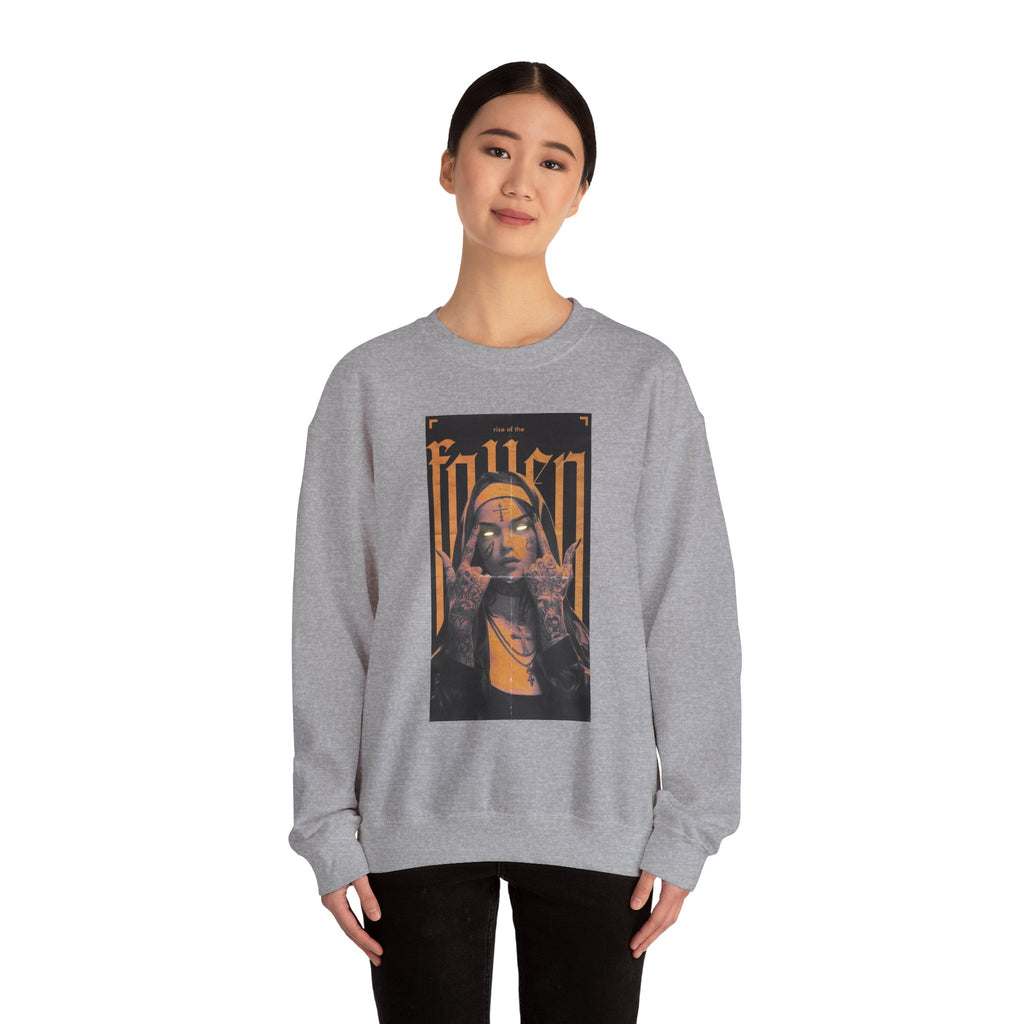Fallen Gothic Crewneck Sweatshirt — Dark Tattooed Nun Graphic