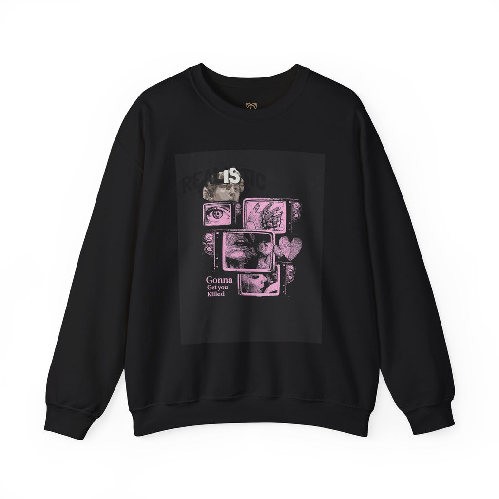Crewneck Sweatshirt — Pink Collage Eyes Graphic “Gonna Get You, Kiddo”