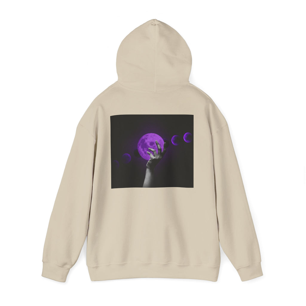 Moon Phases Hoodie — Purple Lunar Hand Graphic Pullover