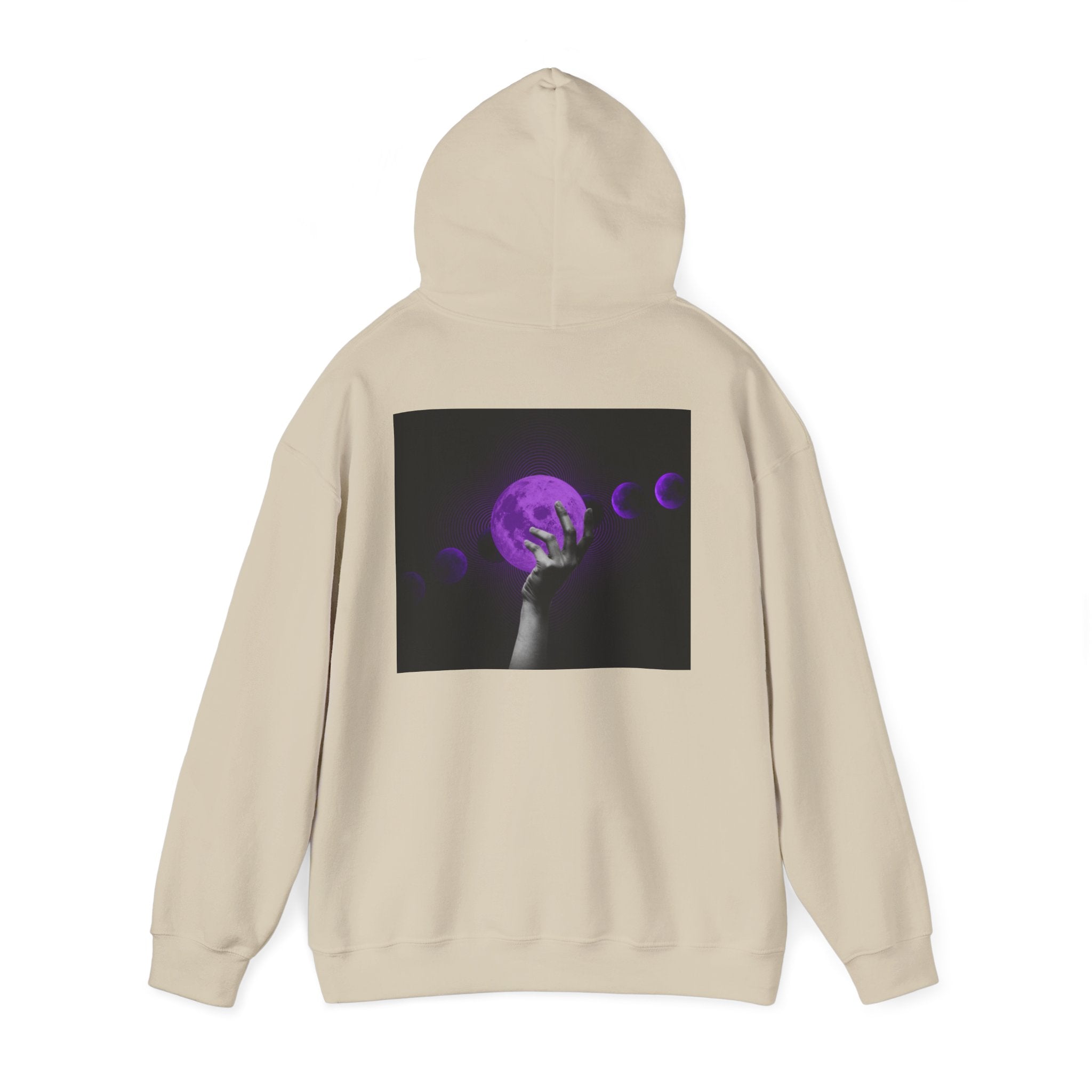 Moon Phases Hoodie — Purple Lunar Hand Graphic Pullover