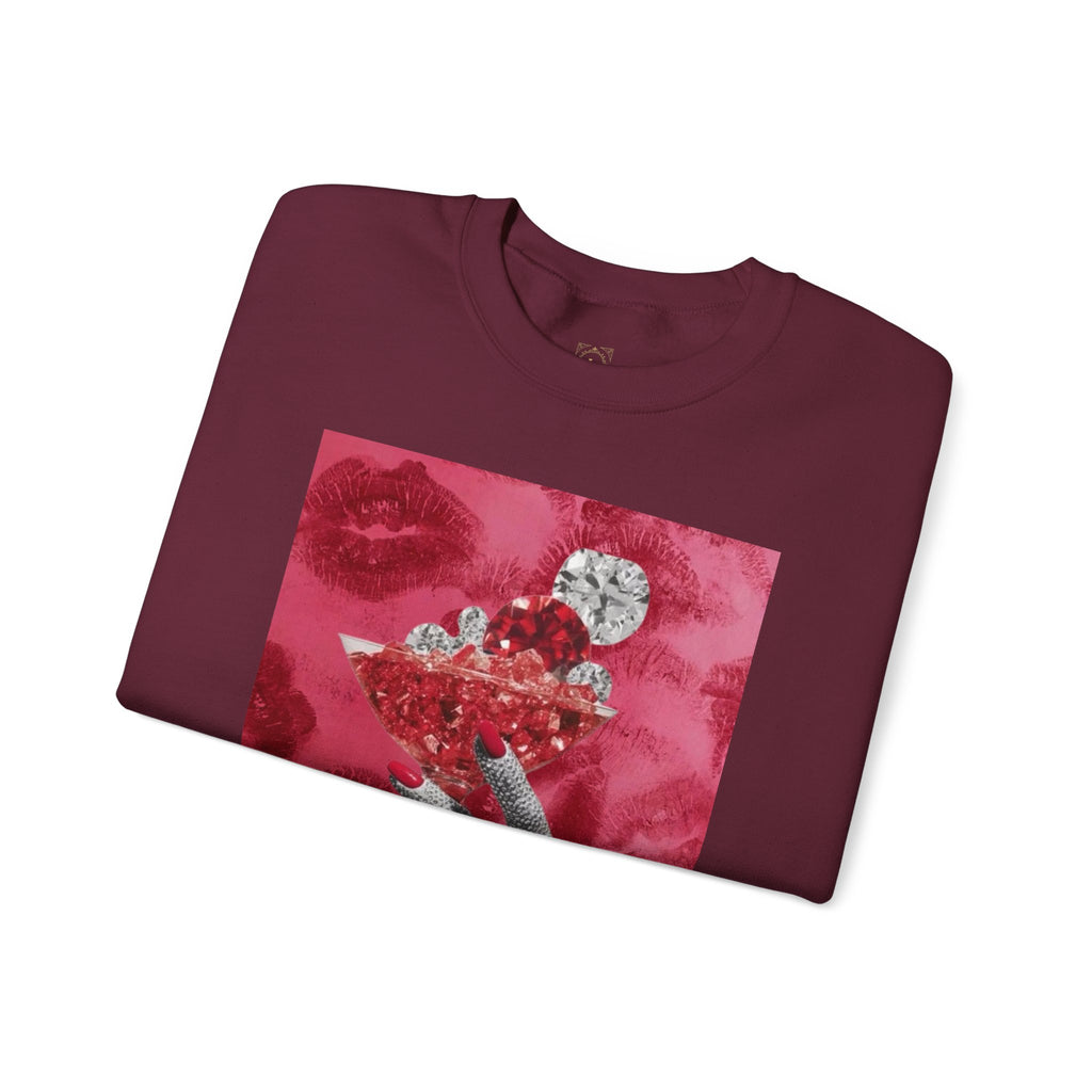 Crewneck Sweatshirt — Glamorous Red Cocktail Collage (Hand Holding Glass, Lip Print)