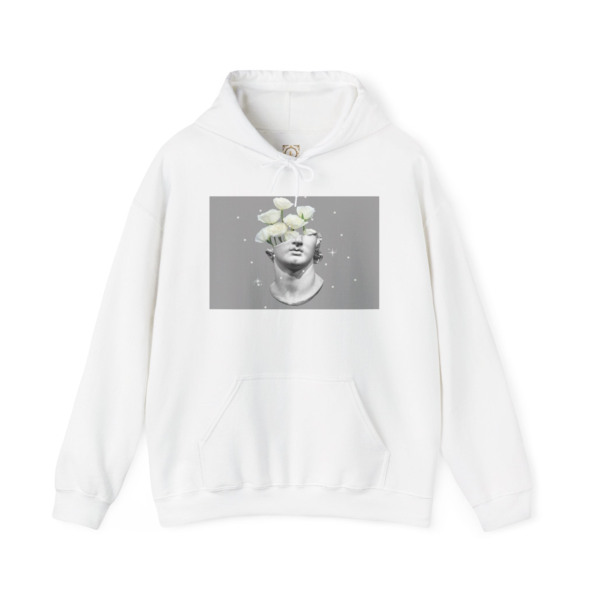 Statue Bloom Hoodie — Classical Bust with White Flowers Graphic Hoodie