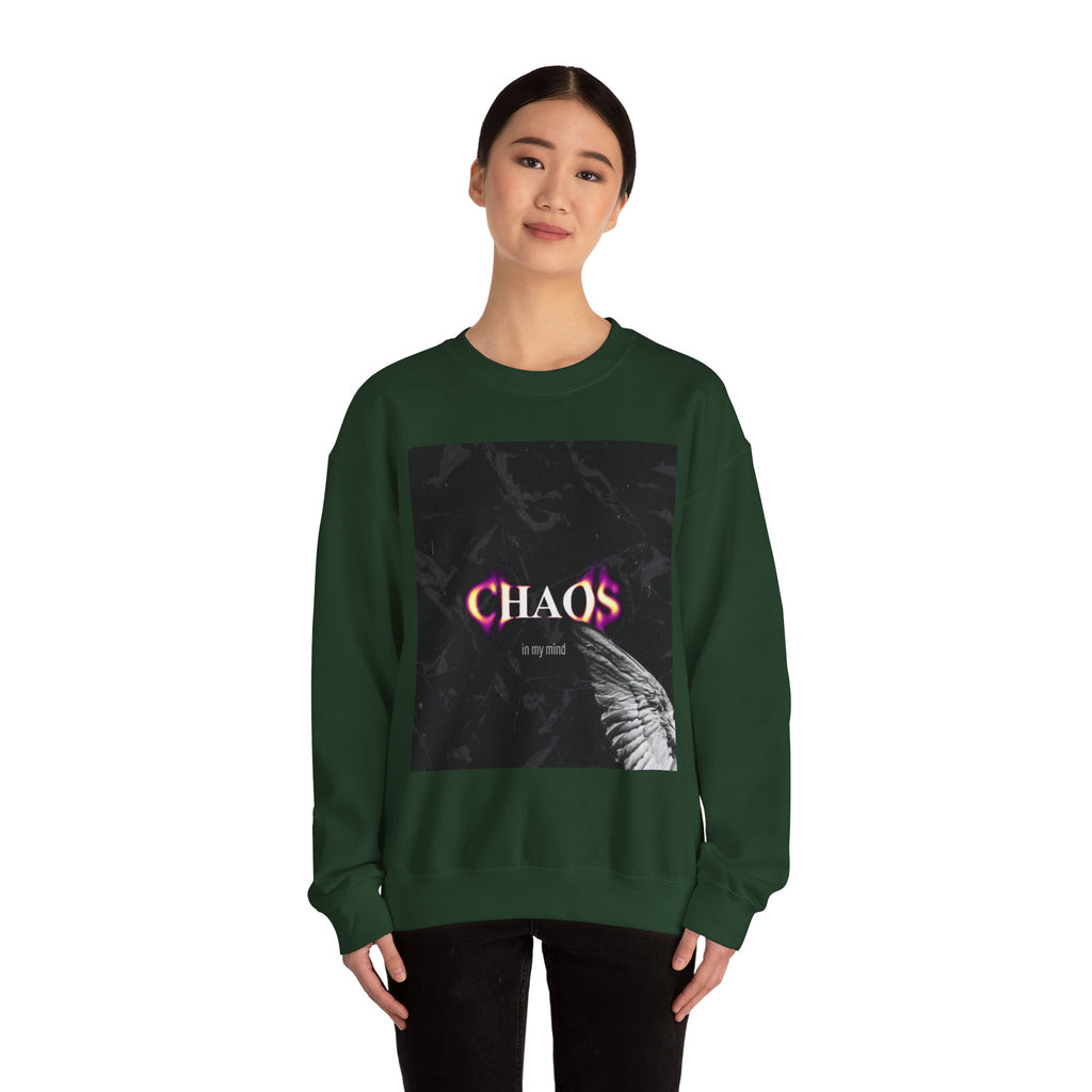 Chaos Graphic Crewneck Sweatshirt — "CHAOS in my mind" Gothic Wing Design