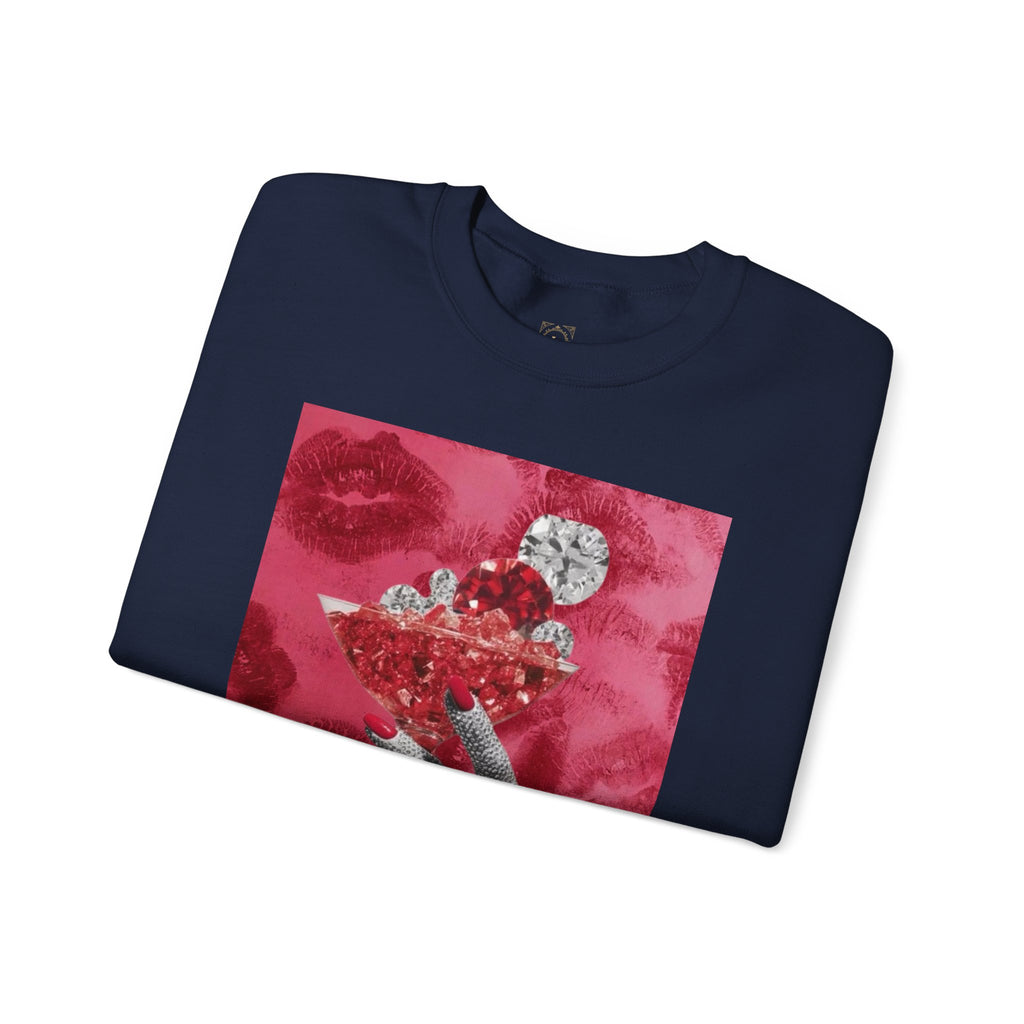 Crewneck Sweatshirt — Glamorous Red Cocktail Collage (Hand Holding Glass, Lip Print)