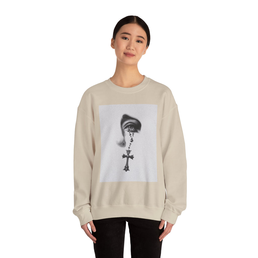Rosary Tear Crewneck Sweatshirt — Gothic Eye & Cross Graphic