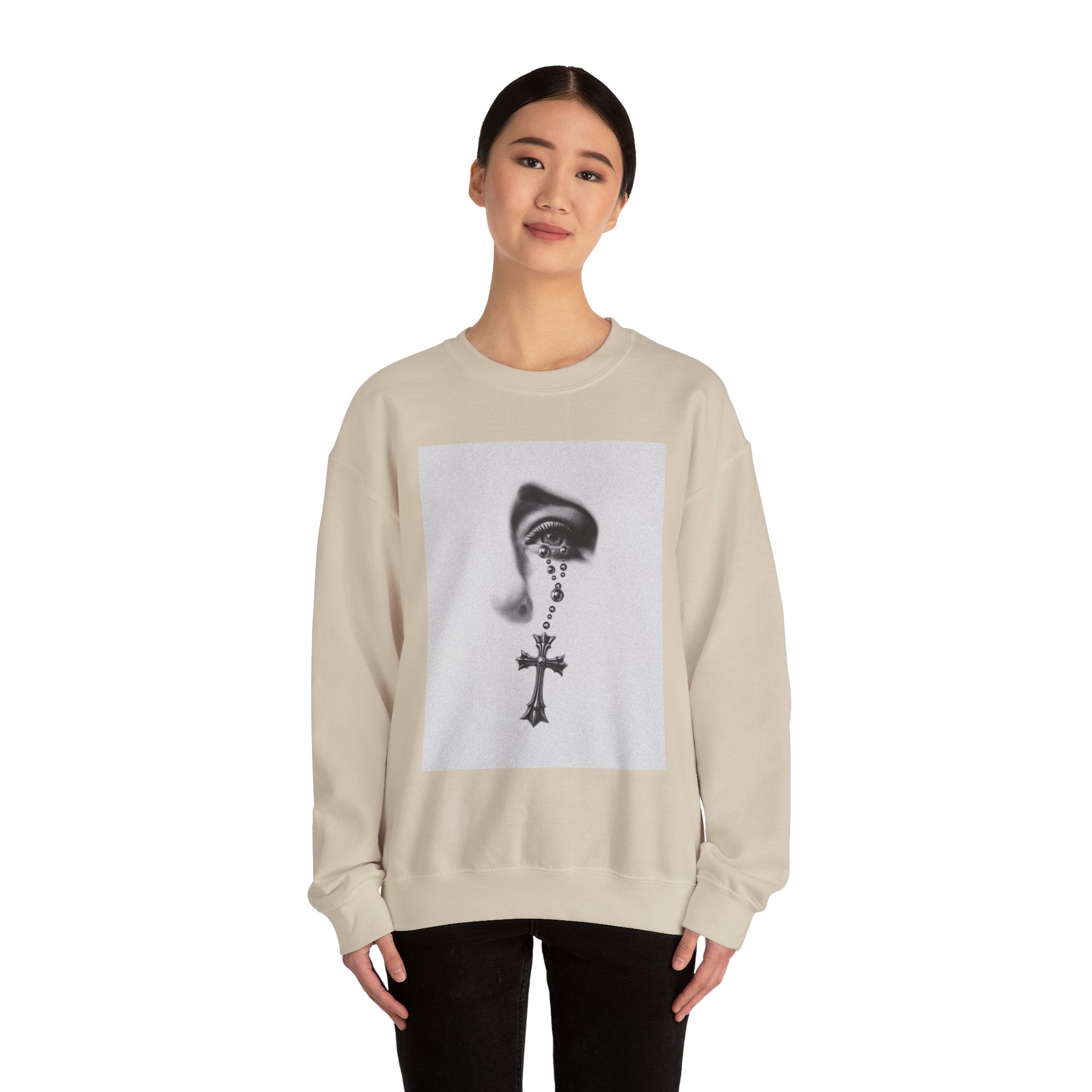 Rosary Tear Crewneck Sweatshirt — Gothic Eye & Cross Graphic