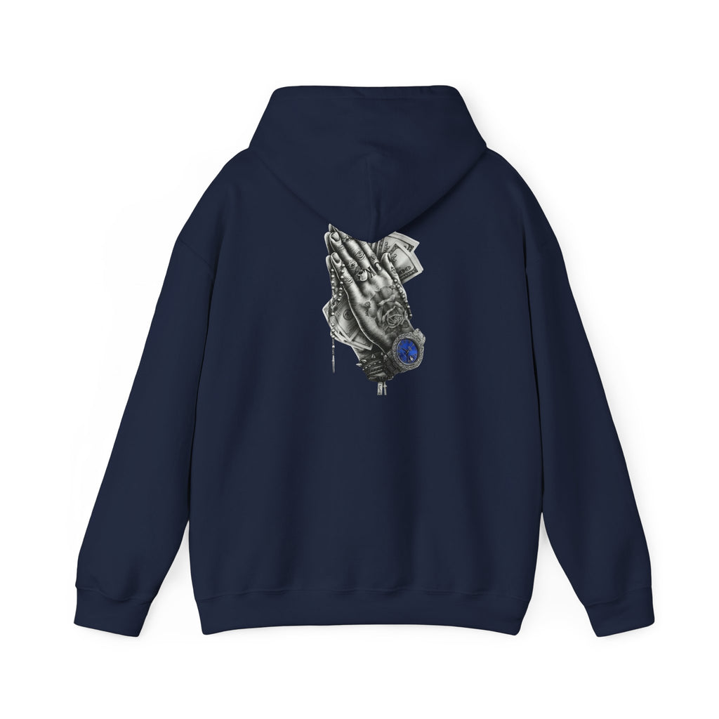 Hoodie — Praying Hands Graphic Hoodie with Blue Rose Accent