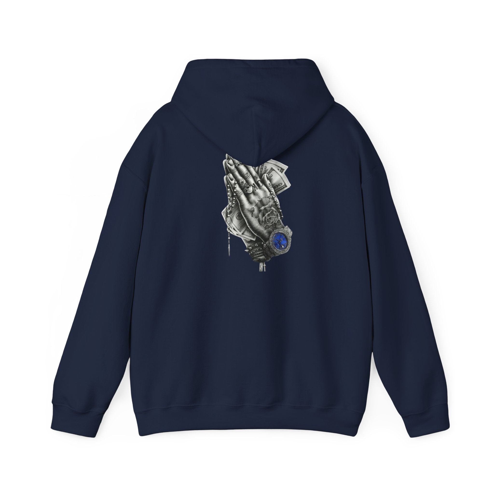 Hoodie — Praying Hands Graphic Hoodie with Blue Rose Accent