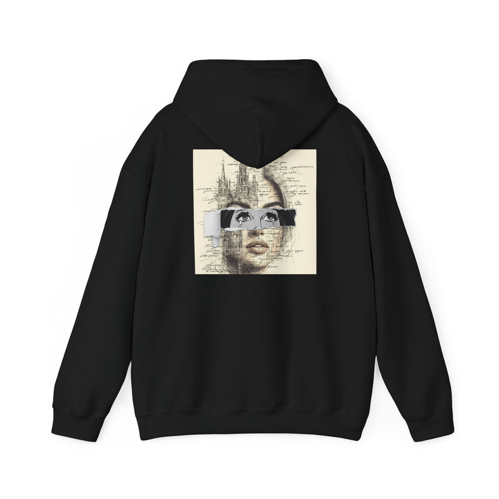 Artistic Face Collage Hoodie — Vintage Script Portrait Sweatshirt