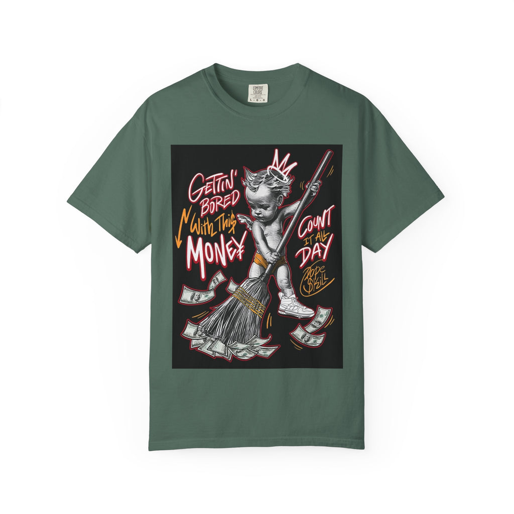 Cat Broomstick Money Tee — "Gettin' Bored With This Money" Graphic T-Shirt