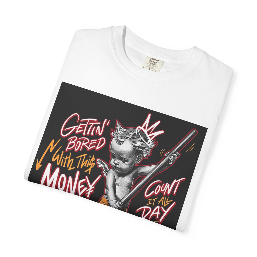 Cat Broomstick Money Tee — "Gettin' Bored With This Money" Graphic T-Shirt