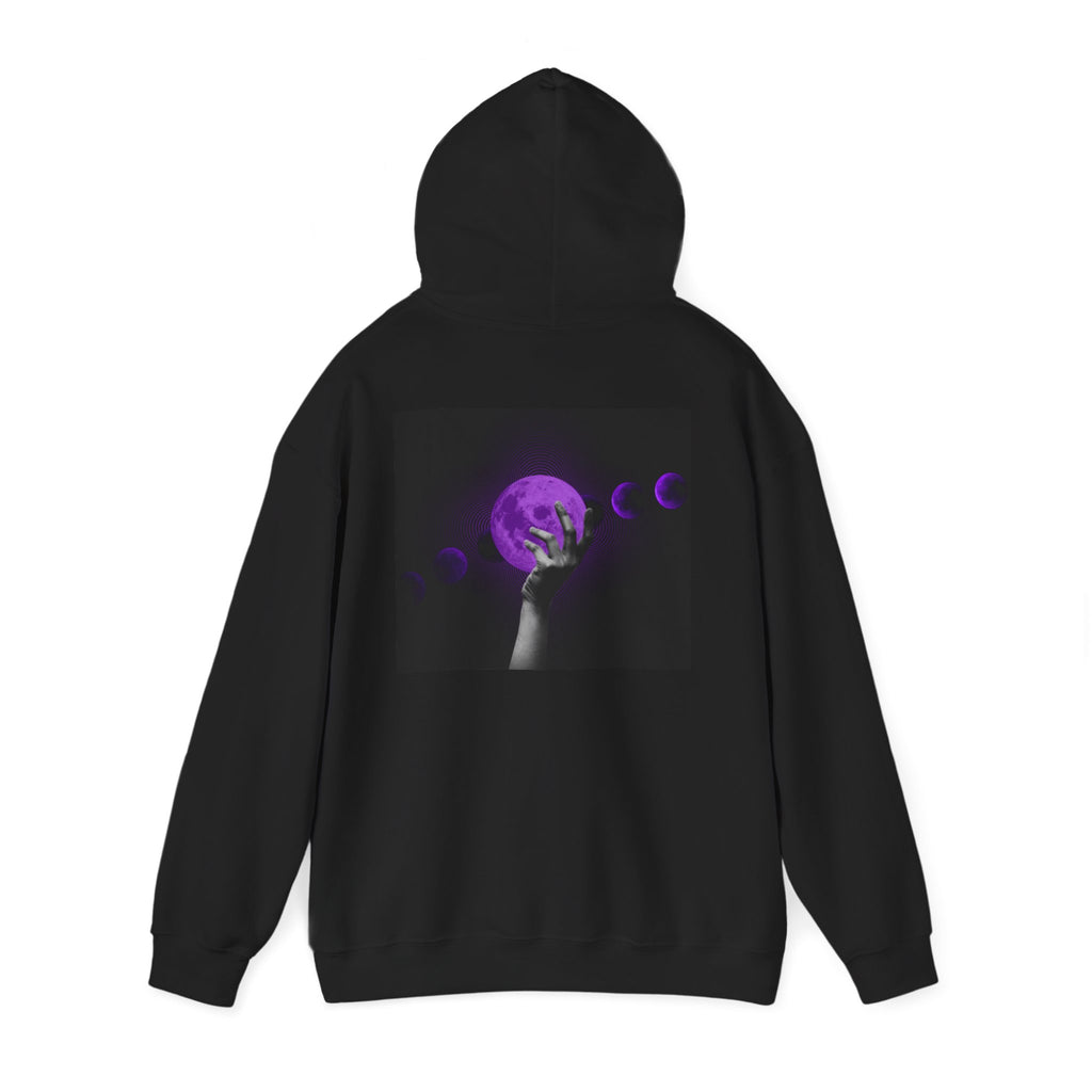 Moon Phases Hoodie — Purple Lunar Hand Graphic Pullover