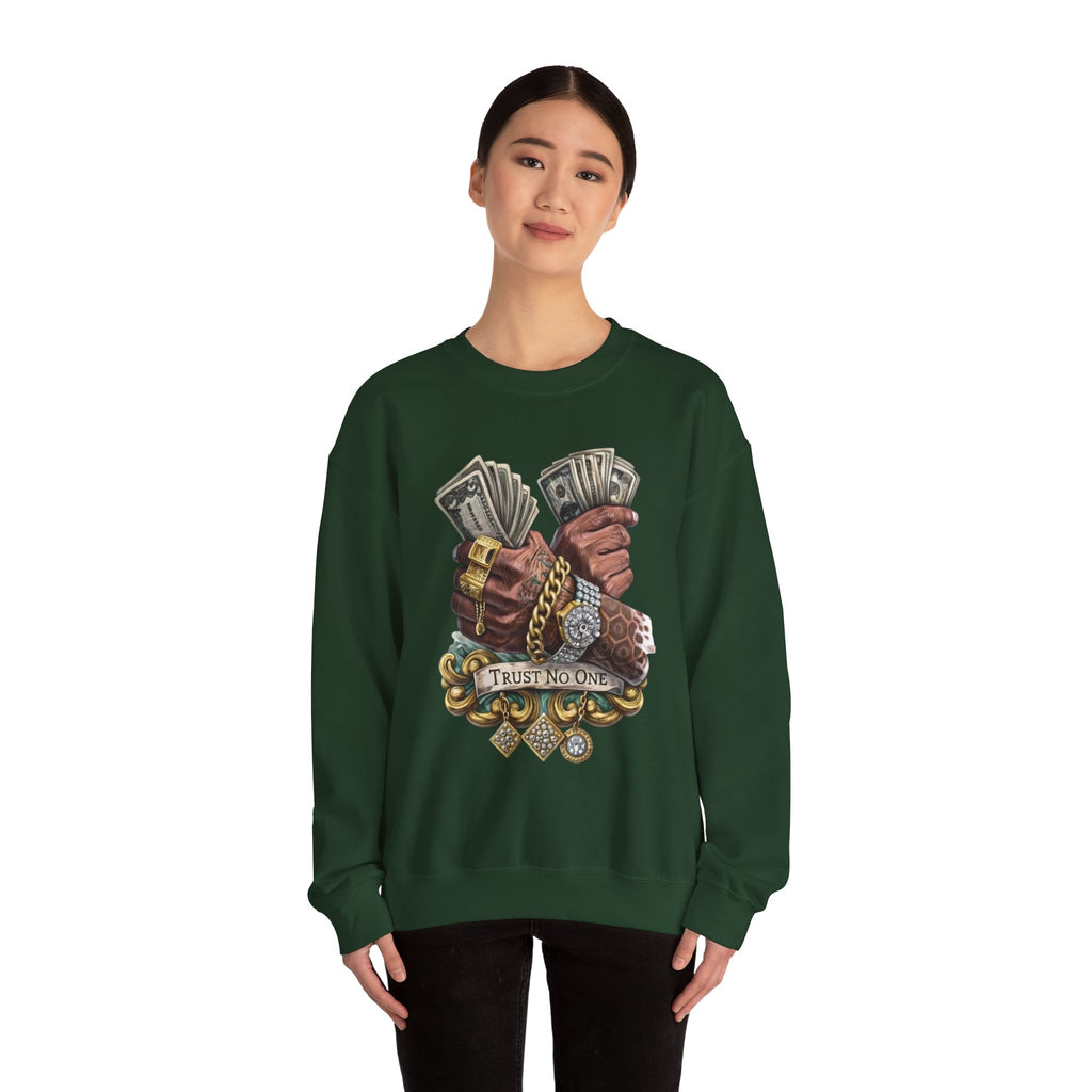 Crewneck Sweatshirt — 'Trust No One' Money Hands Graphic