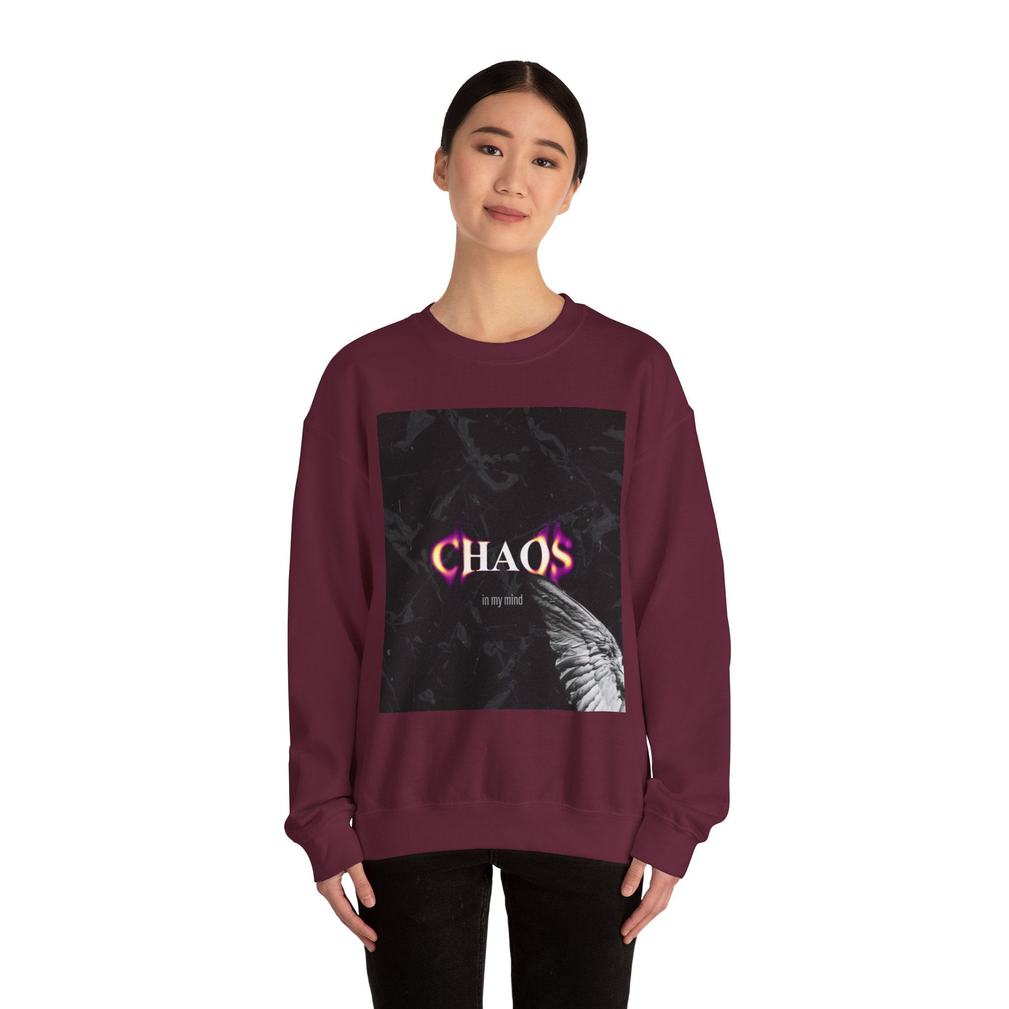 Chaos Graphic Crewneck Sweatshirt — "CHAOS in my mind" Gothic Wing Design