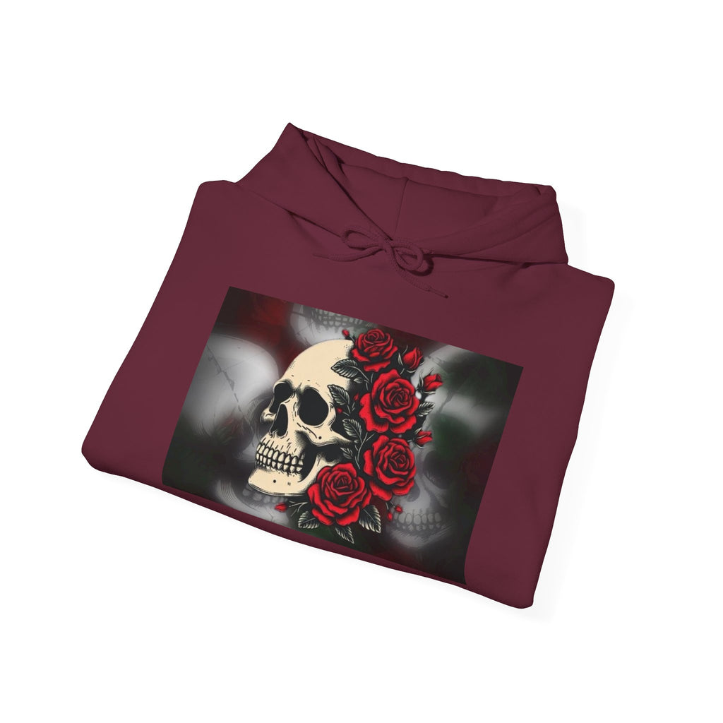 Skull with Red Roses Hoodie — Gothic Floral Skull Sweatshirt