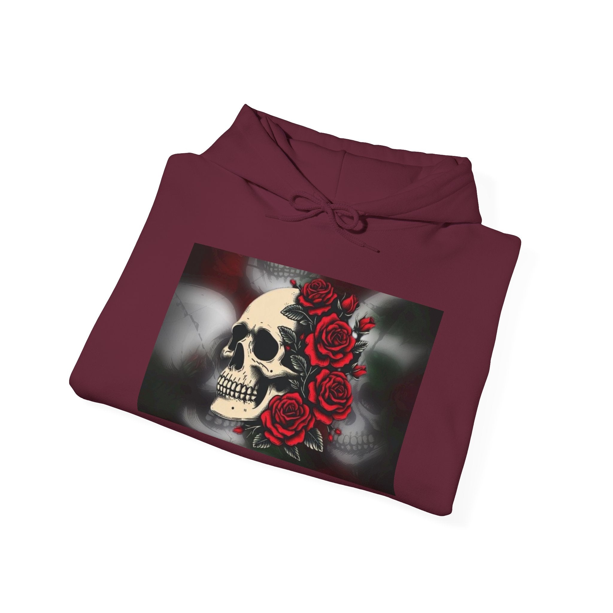 Skull with Red Roses Hoodie — Gothic Floral Skull Sweatshirt
