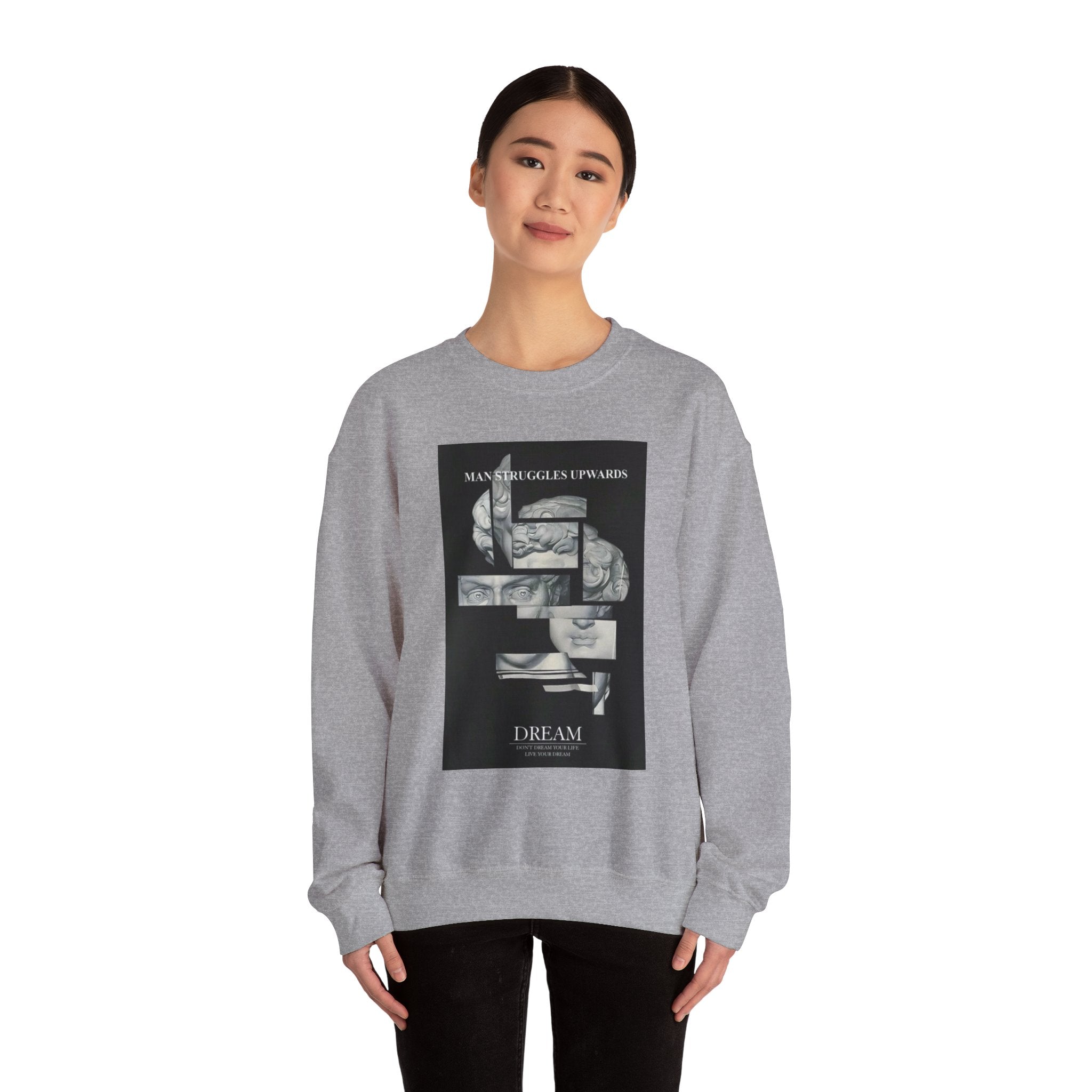 Dream Fragment Crewneck Sweatshirt — 'Man Struggles Upwards' Statue Collage