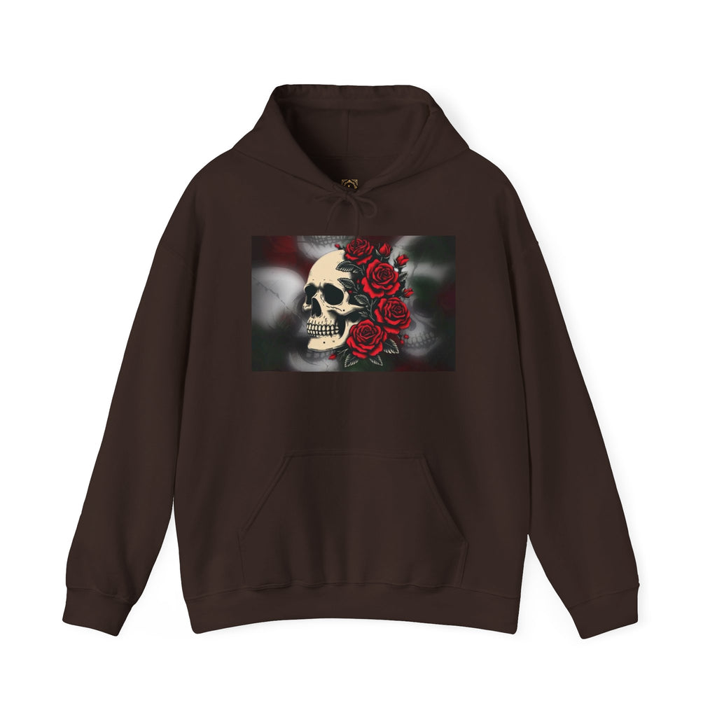 Skull with Red Roses Hoodie — Gothic Floral Skull Sweatshirt