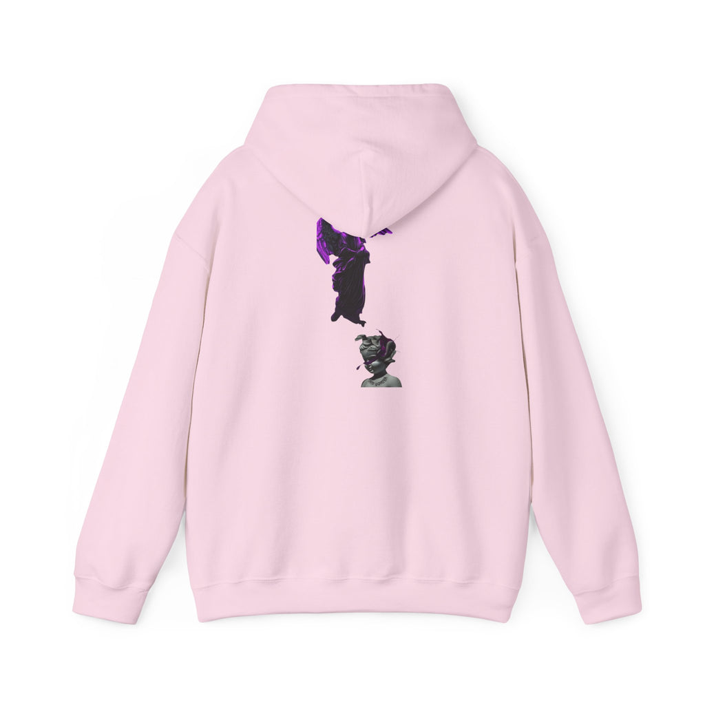 Angel Statue Hoodie — Gothic Purple Accent Sculptural Graphic Hoodie