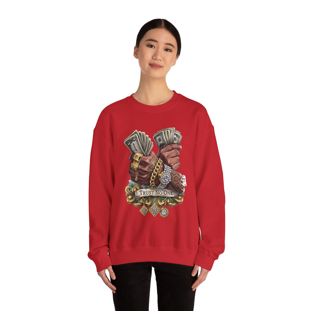 Crewneck Sweatshirt — 'Trust No One' Money Hands Graphic