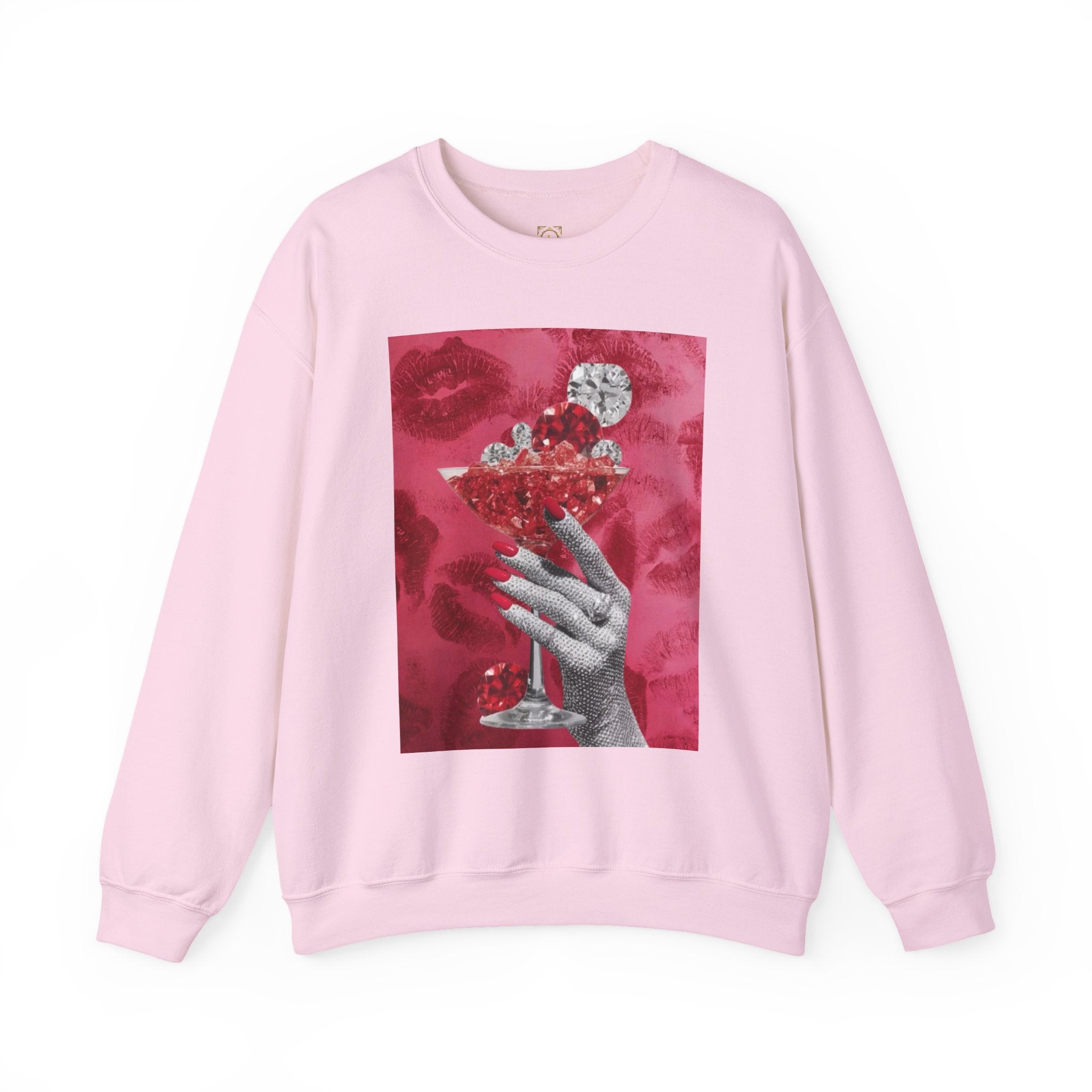 Crewneck Sweatshirt — Glamorous Red Cocktail Collage (Hand Holding Glass, Lip Print)